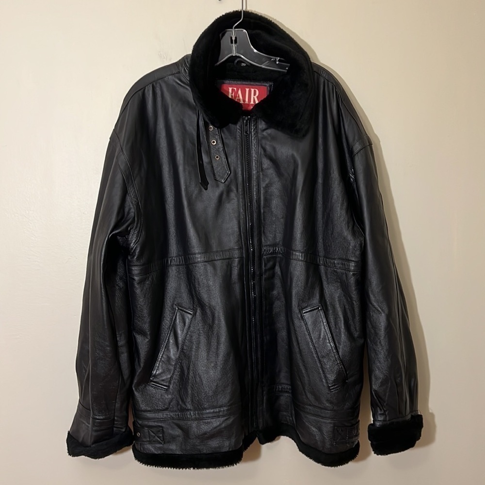 Fair Mens Jacket Coat Black Pockets Mock Neck Buckle Zipper Lined Leather
